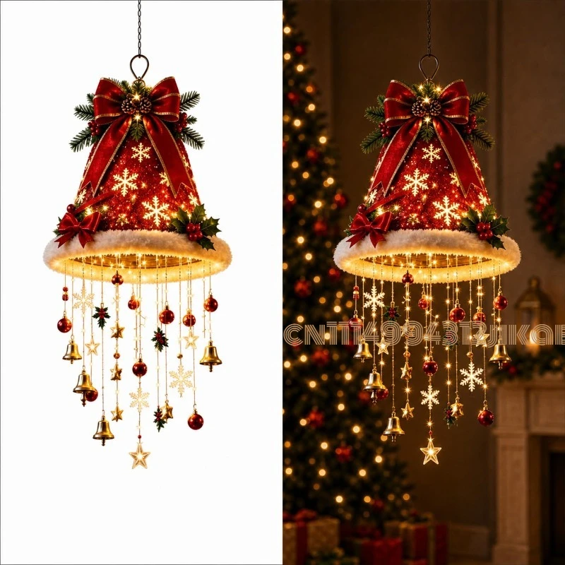 Lighting Christmas Decor - Lighted Santa Hat Hanging Chandelier, Indoor